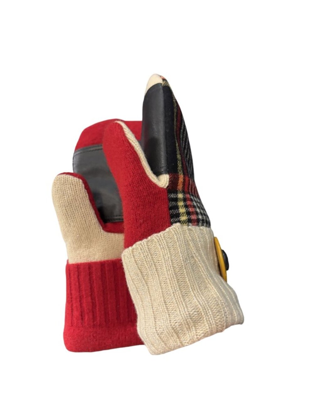 Colorful Wool Acrylic Blend Plaid Mittens W/ Faux Leather Palm & Button Detail - Picture 3 of 5